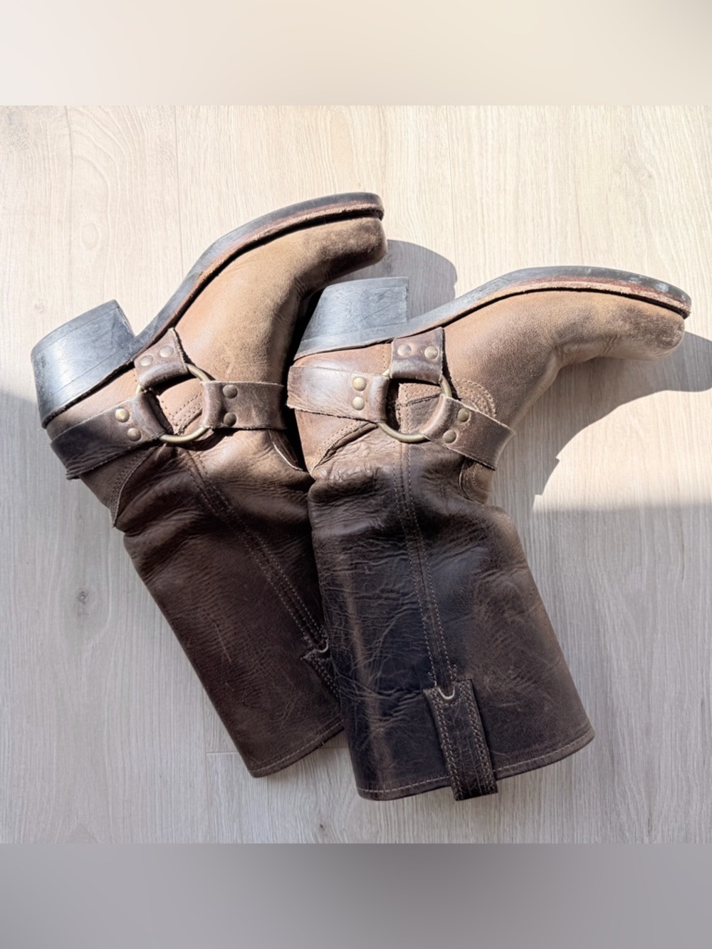 Frye Brown Leather Harness Cowboy Boots